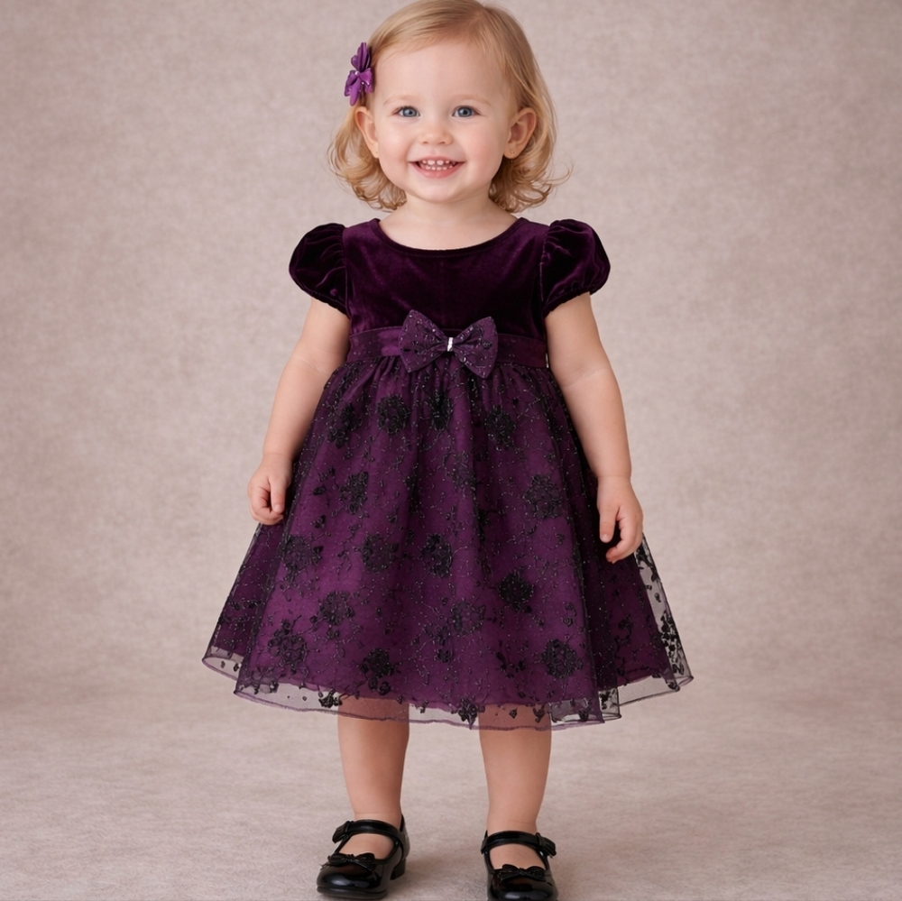 Perfectly Dressed Purple Velvet Bodice Dress with Floral Lace Skirt Holiday 18M